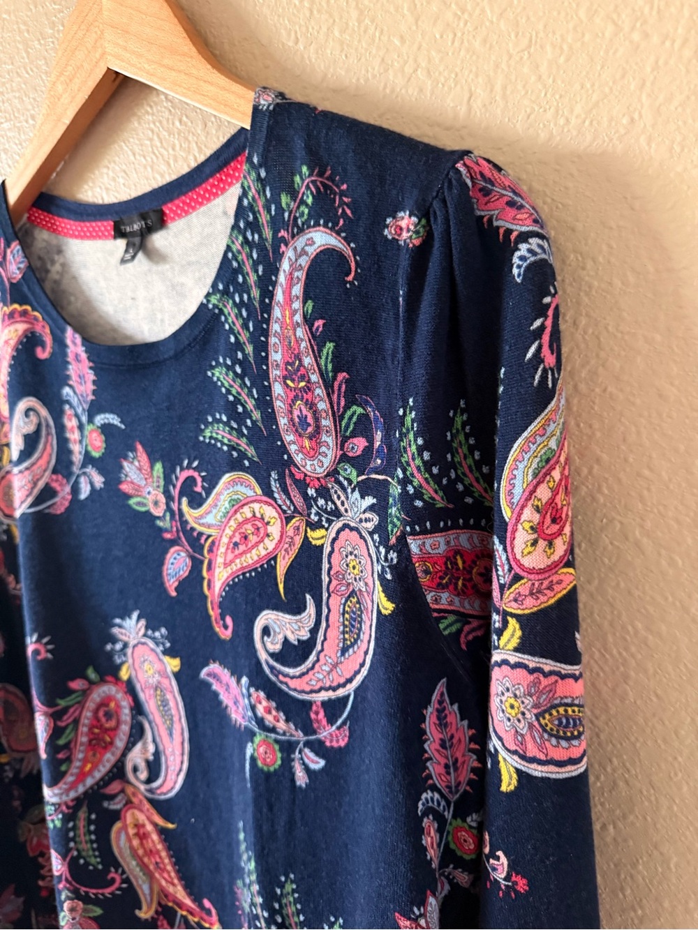 Talbots Navy Paisley Long Sleeve Tee with Pink & Green Accents - Picture 3 of 7